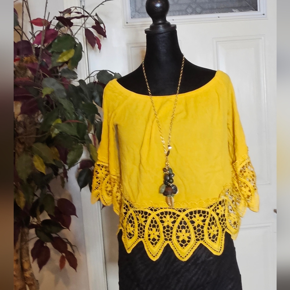 Streetwear Society Mustard Yel. Crochet Lace Bell Sleeve Off-Shoulder Top Blouse
